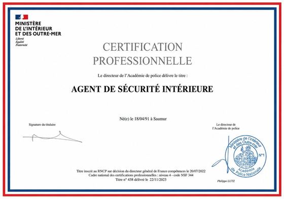 Certification professionnelle Agent de sécurité intérieure, Ministère de l'Intérieur, RNCP niveau 4